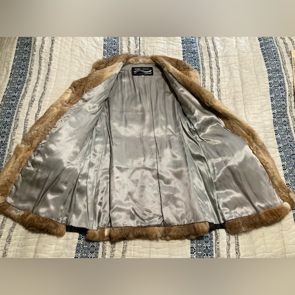 Montgomery Ward vintage 1976 brown Rabbit and black leather fur coat Penny Lane - Picture 6 of 12